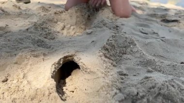 Kumsalda kumla oynayan bir çocuk kumdan kale inşa ediyor.