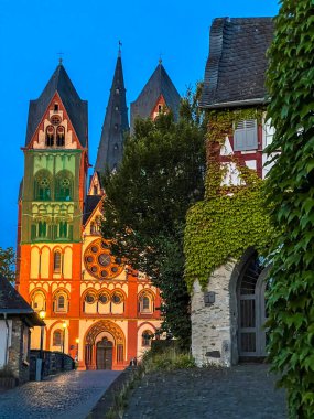 Limburg Katedrali alacakaranlıkta turuncu parlıyordu. Sarmaşık kaplı bir evin ve limburg 'da ağaçların arkasında.