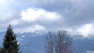 Karlı dağ tepeleri ve ağaçların üzerinde hareket eden bulutlar