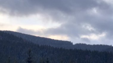 Karlı orman sıradağları üzerinde dramatik bulutlar dolaşıyor