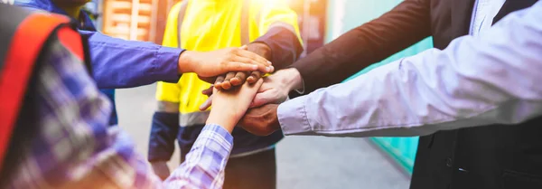 Industrial Teamwork Hand join together for work as unity, Hand stack for business and service, Group workforce participation.