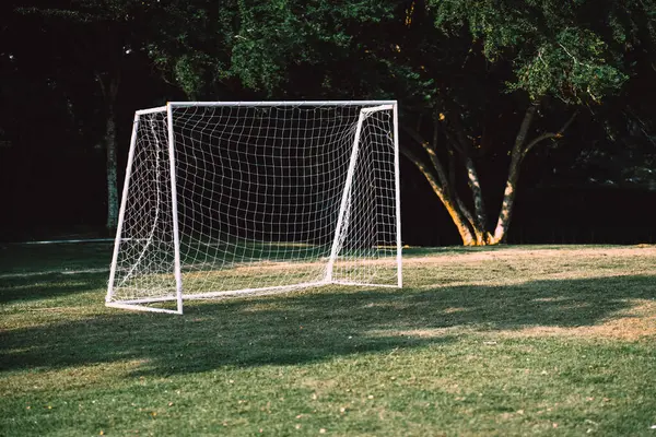 Futbol golü parkta kimse yokken çimlere kondu. Küçük gruplar için çocuk parkındaki mini bir net hedef, insanların spor faaliyetleri ve boş vakitleri olabilir..