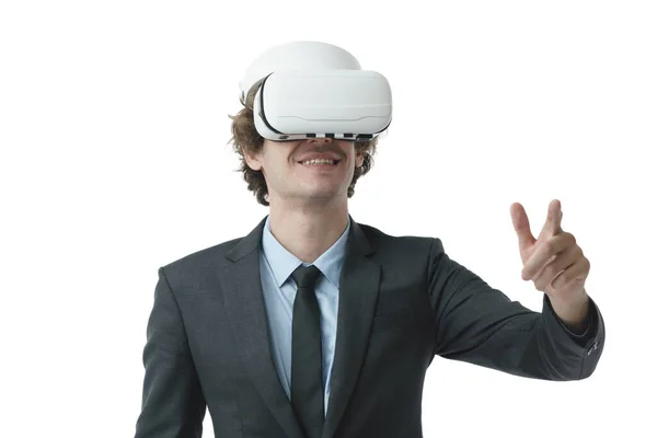 Empresario Con Gafas Que Utiliza Innovación Tecnológica Metaversa Mundo Virtual — Foto de Stock