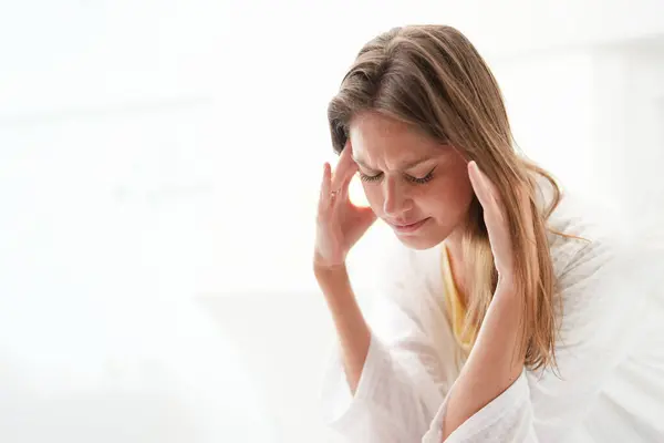 Young Caucasian Woman Unwell Appears Experiencing Migraine Headache She Touching — Stock Photo, Image