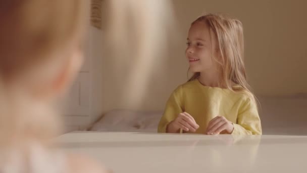 Little Girl Accepts Gift Moment Presenting Gift Slow Motion Adorable — Stock Video