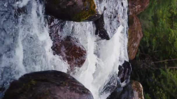 Wild Mountain River Transparent Stream Runs Rocky Boulders Rio Abundante — Vídeo de Stock