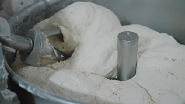 机器揉搓面团从面粉厂生产面包当地面包店小企业 在一个真正的面包店里的筹款日 — 图库视频影像