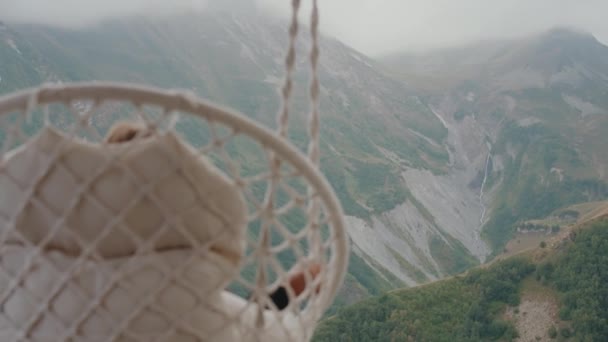 Calm Little Girl Sits Swing Looks Mountains Mountain Stream Top — Stock Video