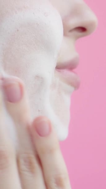 Extreme Closeup Young Girl Washing Her Face Using Face Foam — Stock Video