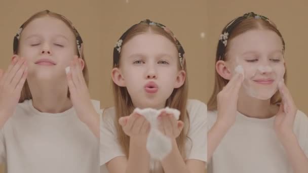 複数のビデオコラージュビュー おかしいコーカサス州の十代の少女は顔の洗顔フォームで顔を洗います ベージュ バックドロップ 毎日のフェイシャルスキンケアルーチン 10代のためのコンセプトの美しさとスキンケア製品 — ストック動画