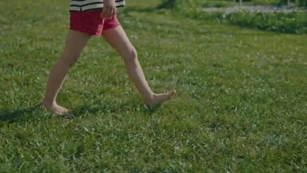 小さな子供が裸足で歩いていて 草の上に影がある 小さな女の子のゆっくりとした動きを閉じ 公園を歩く 幸せな家族 子供時代 動きの概念 最初の春と夏 — ストック動画