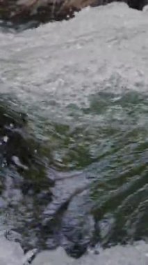 Son derece yakın çekim. Taştan kayaların arasından akan temiz akarsu çok yavaş bir şekilde kayanın dibinden akıyor. Vahşi dağ nehir suyu yaz günü sıçrıyor. Güzel saf su. 