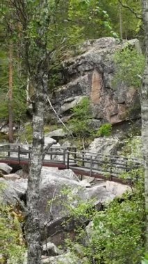 Finlandiya ormanlarındaki kayalık bir tepenin üzerindeki modern yüksek metal yürüyüş yolunun geniş görüşü. Çevre dostu turizm, ulaşılabilir doğa yolları ve tasarımın ve vahşi doğanın İskandinav entegrasyonu kavramı. Laponya