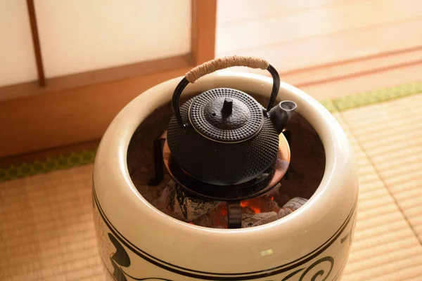 Japanese Nambu Ironware Tea Pot Boiled Water Japanese Brazier Closeup — Stock Photo, Image