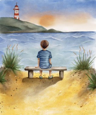 Gün batımında kıyıda bir bankta oturan bir çocuk. Arka planda bir deniz feneri var.