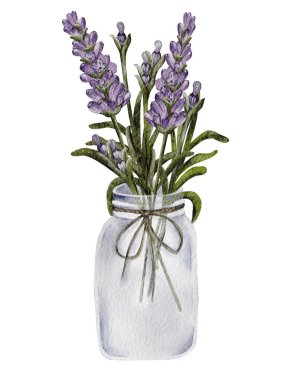 Beyaz arka planda kurdeleli cam bir kavanozda lavanta çiçekleri.