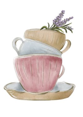 Hafif bir tabakta lavanta filizi ile doldurulmuş çay fincanları