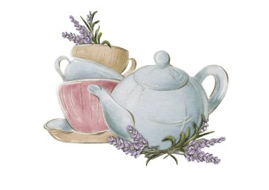 Beyaz arkaplanda sanatsal olarak sıralanmış lavantalı çay seti