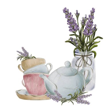 Kırsal bir ortamda lavantalı çaydanlık ve fincanlar.