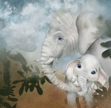 Gündüz vakti bereketli bir ortamda iki filin suluboya çizimi