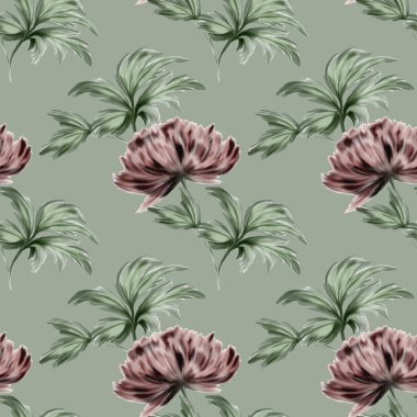 Yumuşak gri arka planda yeşil yapraklı pembe şakayıkların zarif deseni