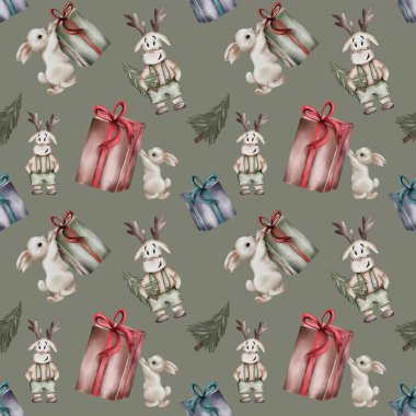 Neşeli hayvanların, hediyelerin ve tatil yeşilliklerinin yer aldığı suluboya Noel desenleri