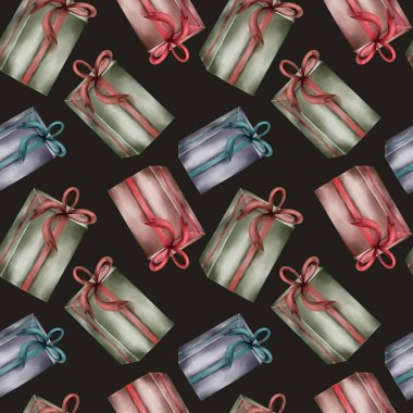 Suluboya Noel hediyesi desenli renkli paketlenmiş fiyonklu hediyeler