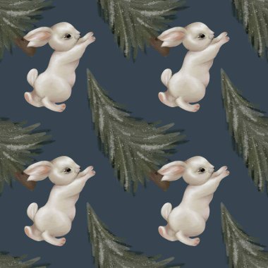 Büyüleyici suluboya Noel desenleri neşeli tavşanlar ve yemyeşil ağaçlar