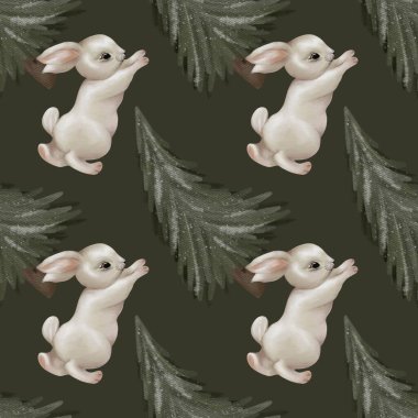 Bitmeyen yeşil dallar arasında şakacı tavşanları barındıran suluboya Noel deseni