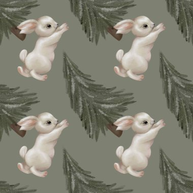 Zarif suluboya Noel deseninde neşeli tavşanlar ve her zaman yeşil ağaçlar var.