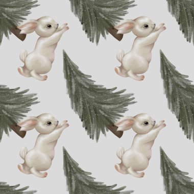 Büyüleyici suluboya Noel desenleri neşeli tavşanlar ve yemyeşil ağaçlar