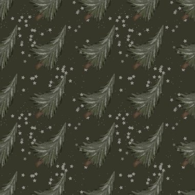 Bitmeyen yeşil ağaçlar ve yıldızların yer aldığı suluboya Noel desenleri