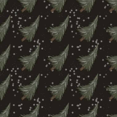 Bu şenlikli suluboya deseninde Noel ağaçları ve yıldızları sergileniyor. Tatil tasarımları için mükemmel.