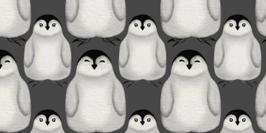 Neşeli penguen desenleri Yeni Yıl arifesini karanlık bir arka planda neşeli planlarla kutluyor.