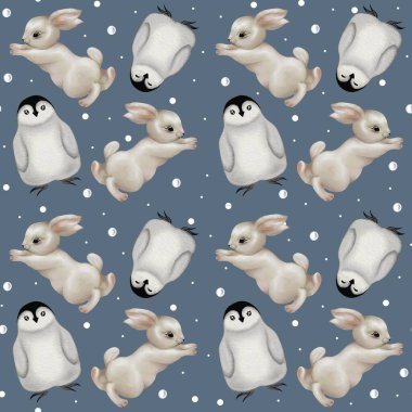 Kutlama penguenleri ve tavşan desenleri kışın harikalar diyarında yeni yıl kutlamaları için mükemmeldir.