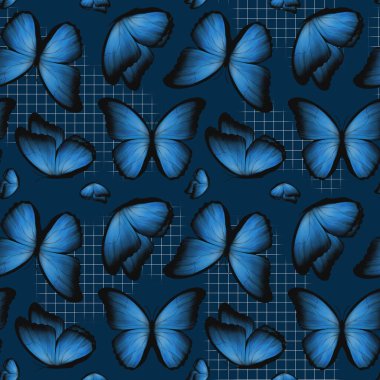 Kumaş veya duvar kağıdı projeleri için tasarlanmış koyu arkaplan üzerindeki mavi kelebek deseni