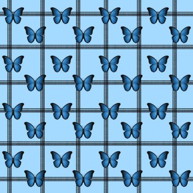 Açık mavi arkaplanda mavi kelebek deseni tasarımı tekstil ve duvar kağıtları için idealdir