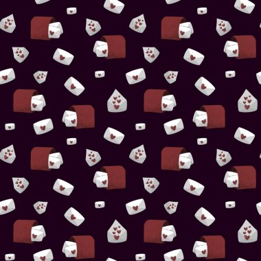 Romantik temalar için karanlık bir arka planda samimi zarf ve kalp desenleri