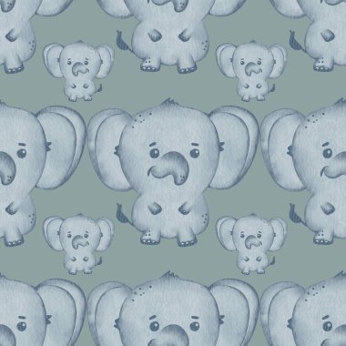 Yumuşak yeşil arka plan dizaynında çeşitli boyutlarda şirin mavi filler.