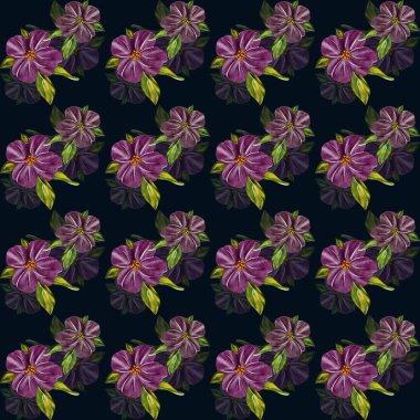 Siyah arka planda mor hanım evlatları ve koyu yeşil yapraklardan oluşan renkli çiçek desenleri.