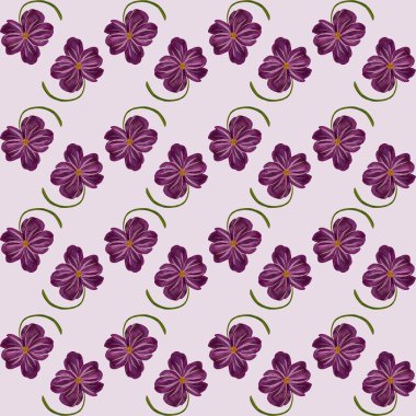 Dekoratif kullanım için açık arkaplan üzerinde tekrarlanan desen içinde mor çiçekler