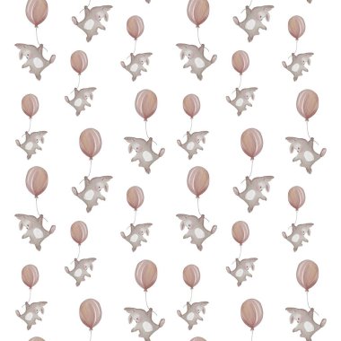 Beyaz arka planda balonlarla yüzen sevimli filler.
