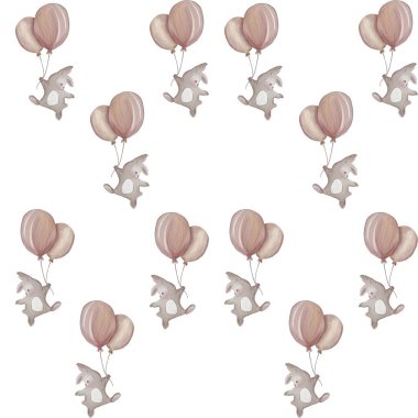 Pastel balonlu şirin tavşanlar parlak bir arka planda garip bir desen içinde yüzüyorlar.