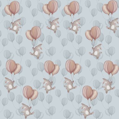 Sevimli gri tavşan renkli balonlar tutuyor yumuşak mavi arka planda neşeli bir desen içinde
