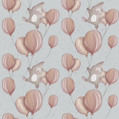 Pastel arka planda kalp şeklinde balonlar tutan bir ayının hoş bir çizimi.