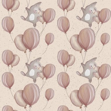 Tatlı gri ayı, yumuşak pastel arka planda kalp şeklinde balonlar tutuyor. Garip tasarım için.
