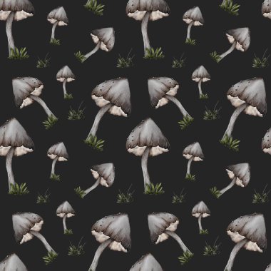 Koyu bir arka planda çeşitli şekillerde mantar desenleri eşsiz orman yaşamını gözler önüne seriyor.