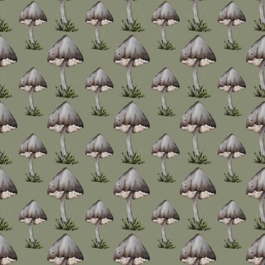 Pattern of gray mushrooms growing on a green background in an artistic design clipart