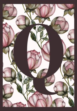 Zarif pembe şakayıklar ve belirgin Q harfi içeren çiçek desenli sanat eserleri.