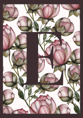 Elegant floral design featuring peonies with a capital letter E in a decorative arrangement clipart